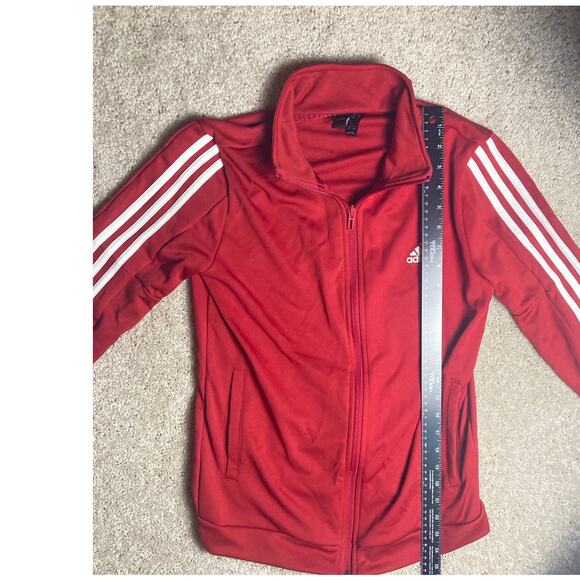 Adidas Womens Med Zip Front Track Coat Jacket Running Red with Stripes Pockets - Picture 7 of 12